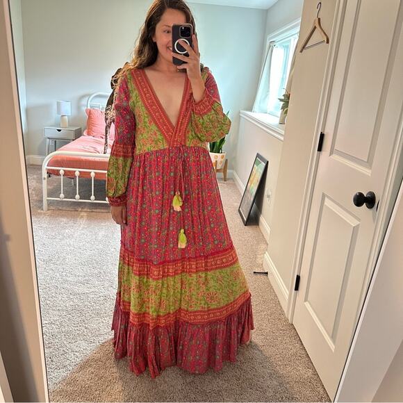 Anthropologie Raga Pink Green Floral Long Sleeve Boho Tassel Maxi Dress Sexy S - Picture 3 of 12